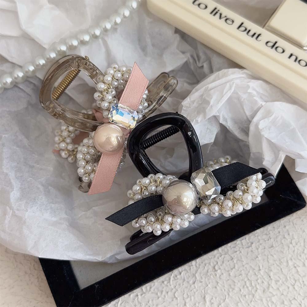 Haarspangen im koreanischen Stil mit Schleife aus Kunstharz für Frauen, temperamentvolle Haarklammer, Kunstperlen, Zirkonia, Pferdeschwanzhalter, Haarschmuck, französische Haarklammer