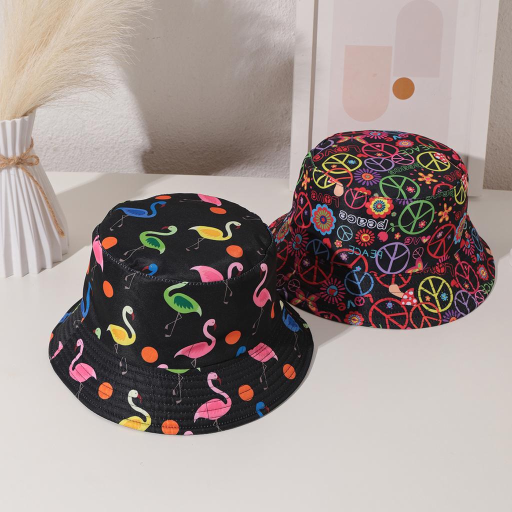 Casual Digital Printed Double-sided Fisherman's Hat with Animal, Flower and Letter Full Printing Flat Top Basin Hat