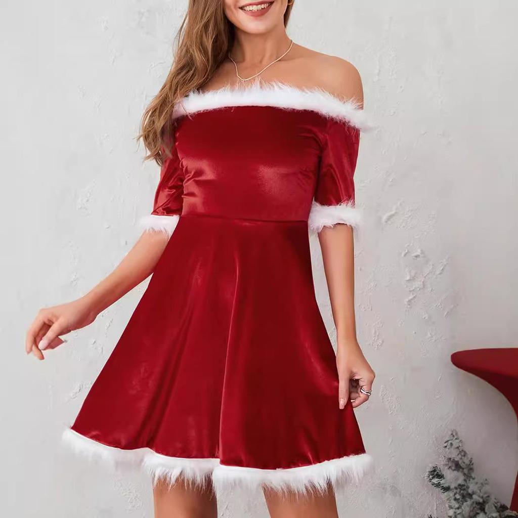 Off-Shoulder Plush A-Line Dress - Autumn/Winter Edition