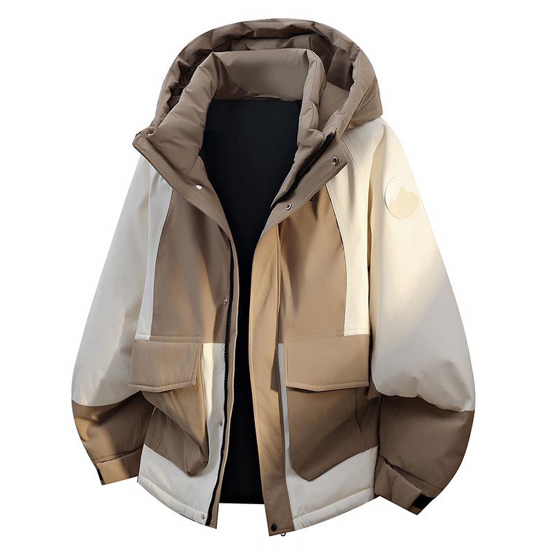 Trendy Hooded Patchwork Down Jacket for Couples: Autumn/Winter, Two-Way Zipper, 90% White Duck Down, Fashion Forward