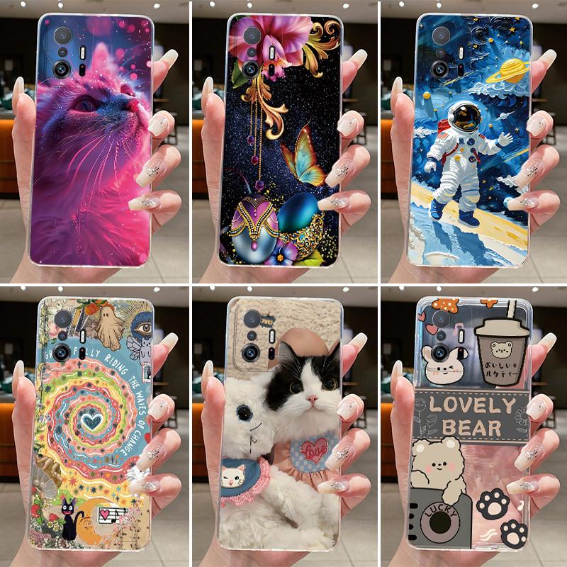 Casing For Xiaomi 11T, 11T Pro Case Clear Aesthetic Fashion Cute Cat Astronaut Pattern Transparent Soft Silicone TPU Phone Cover