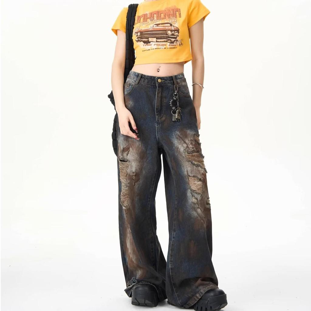 Men's Retro Distressed Ripped Jeans - Loose Straight Fit, Washed Wide-Leg Trousers