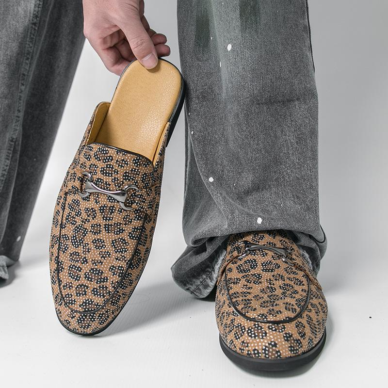 Men's Leopard Print Closed-Toe Backless Leather Slippers - Korean Style Versatile Summer Shoes