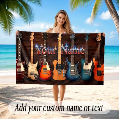 Music Guitar Theme Beach Towel Personalized Custom Name & Text Soft Quick Dry Beach Towel for Swimming Travel