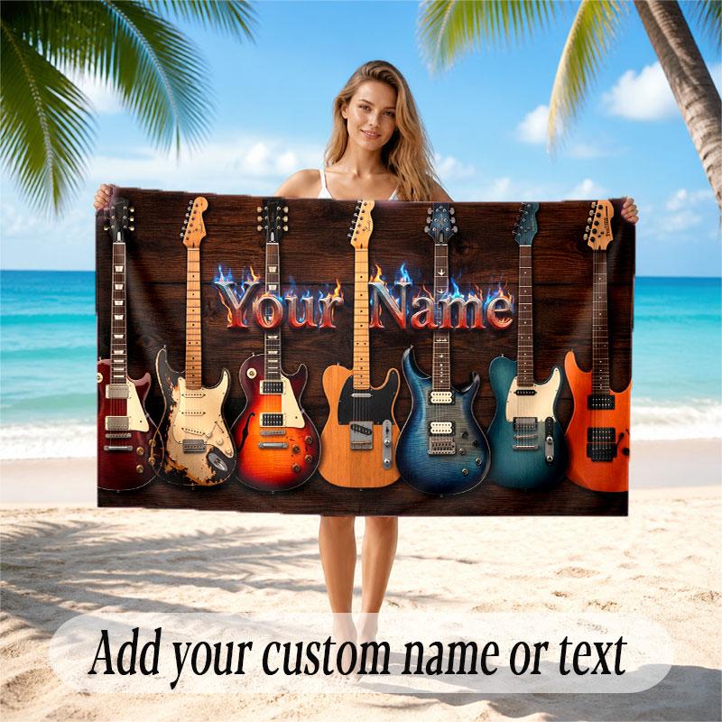 Music Guitar Theme Beach Towel Personalized Custom Name & Text Soft Quick Dry Beach Towel for Swimming Travel