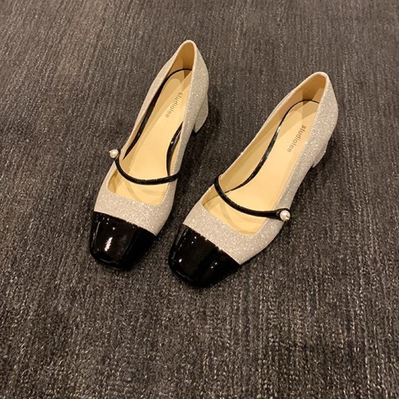 Traubenmutter Herbst Neu Glitzernde Pailletten Bankett Kleiner Duftstil Quadratische Spitze Wort Mit Dickem Absatz Mary Jane Einzelne Schuhe Damen