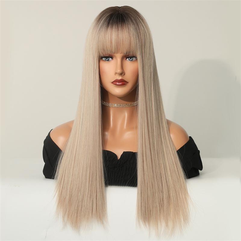Long Ombre Blonde Wigs for Women Synthetic Hair Straight Wig with Bangs Cosplay Wigs Drag Queen Party Anime Movie Costume Wig