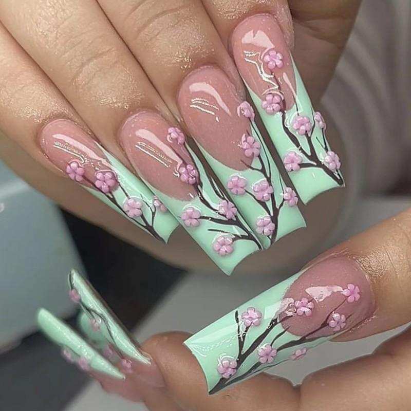 24pcs Floral French Press-On Nails With Chinese-Inspired Design Women Gel Adhesive Jelly Glue Options Gel Nail Type