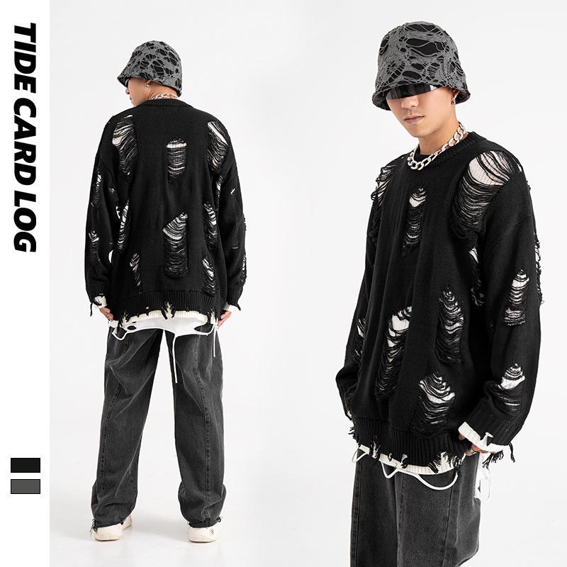TIDE CARD LOG Nadměrný roztrhaný streetwearový svetr ve stylu dvoudílného kompletu pro muže a ženy