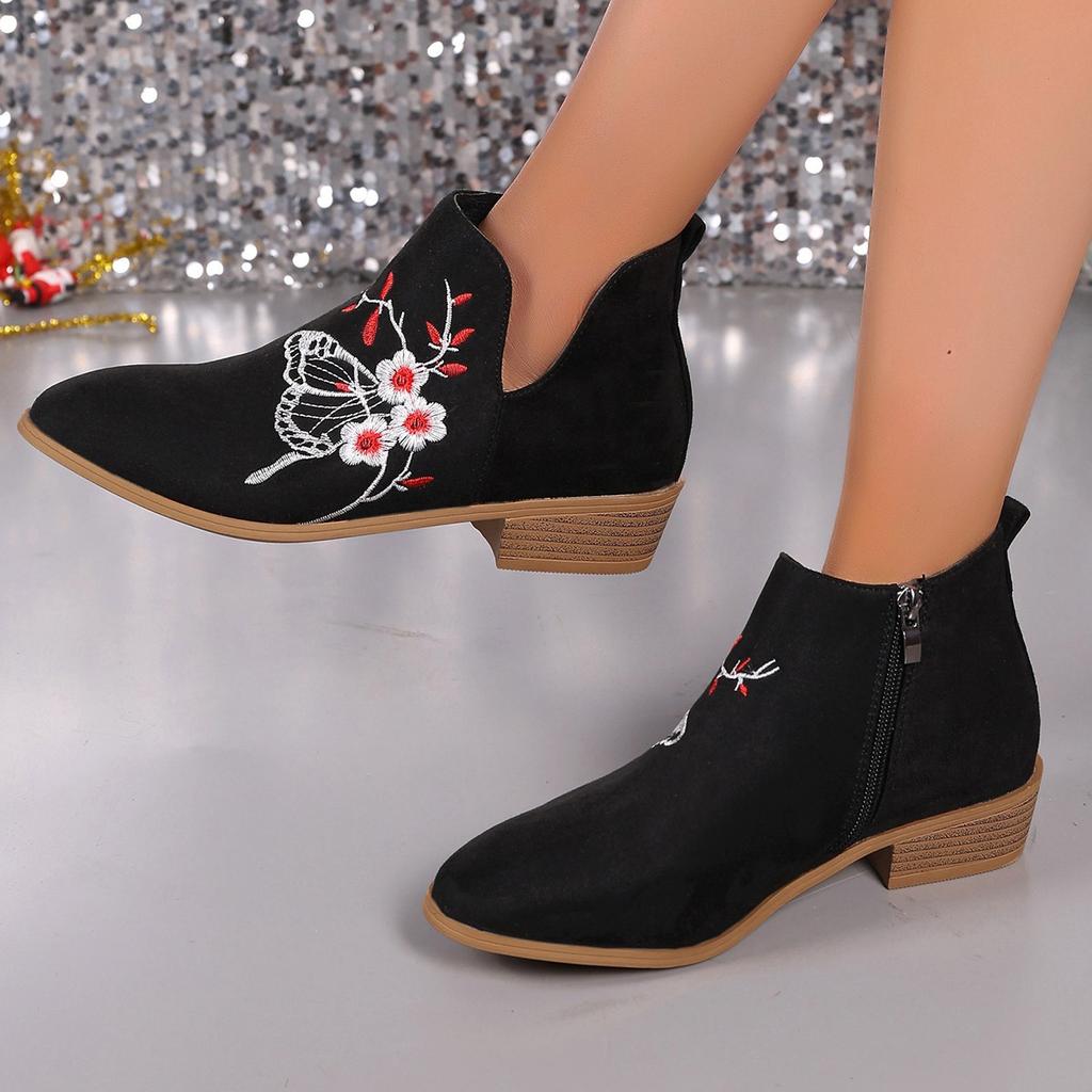 Embroidered Women's Boots Fall/Winter 2025 New Plus Size Round Toe Thick Heel Side Zipper Fashion Martin Boots