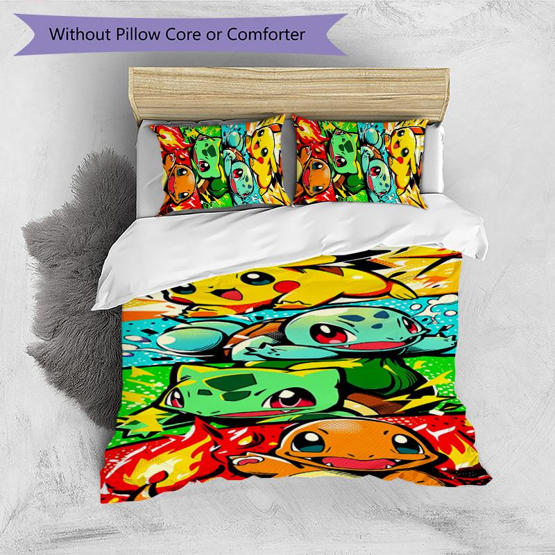 Pokémon Pattern Printed 3PCS Bedding Set, Soft Skin-Friendly Washable Duvet Cover & Pillowcases Set
