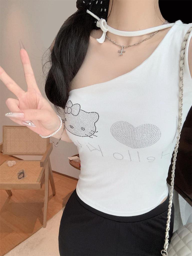 Summer Sweet & Spicy Cartoon One-Shoulder Vest with Chest Pads