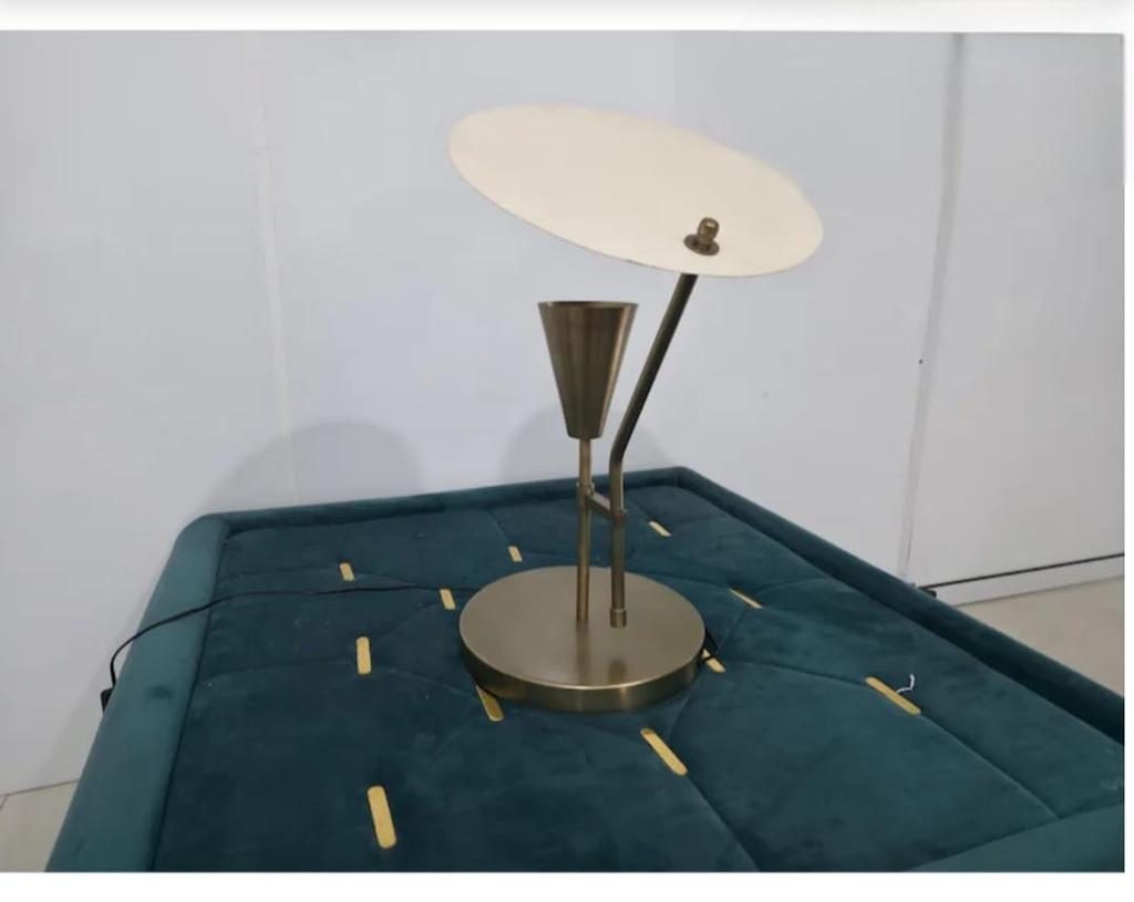 Mid-Century Italian Raw Brass and White Table Lamp Bedroom & Office Lighting Reflector Light