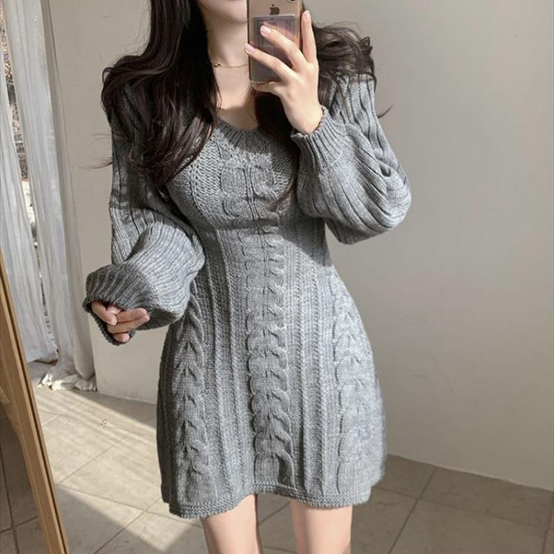 

Fashion Elegant V-neck Long Sleeved Knitted Sweater Dress Korean Style Autumn Slim Fit Lace-up Long Sweater Solid Color Office Lady Dresses One Size сірий колір