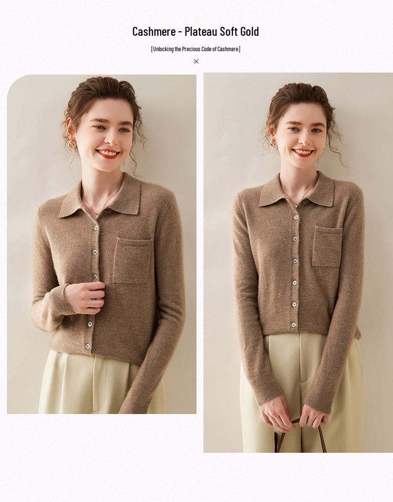 Women's Cashmere Polo Collar Knit Top: Versatile Solid Color Cardigan Sweater Coat