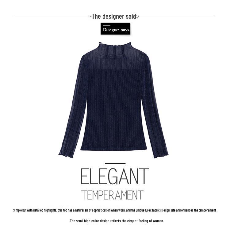 Women's High Neck Mesh Lace Base Layer: Fleece-Lined Long Sleeve Fashionable Innerwear for Autumn/Winter.