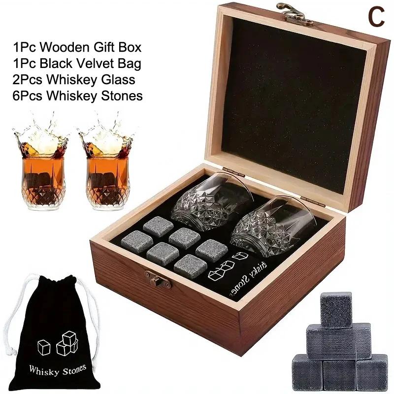 Dárek ke Dni otců pro muže Sada kamenných kostek na whiskey 8 ks Žulové kostky ledu + 2 ks sklenic na whiskey v dřevěné krabičce Dárek pro tátu