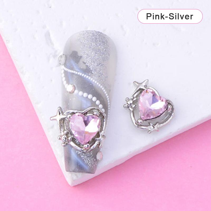 

10 шт. Розкішні чари для нігтів у формі серця з діамантами, блискучими кристалами, сердечками, стразами, сплавом, дорогоцінними каменями для нігтів, манікюрним декором Silver рожевий