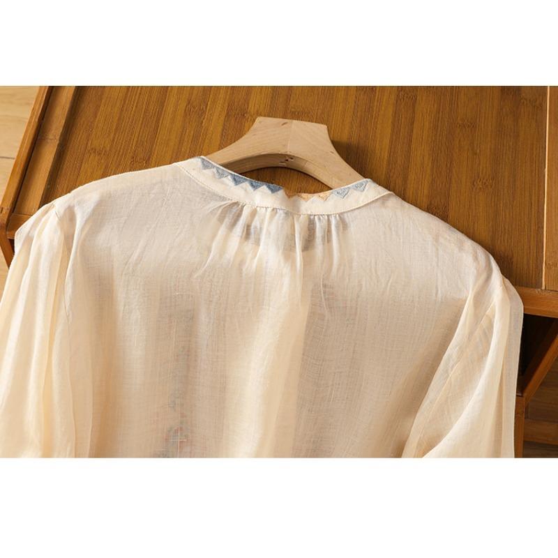 Vintage Ethnic Embroidered Long Lantern Sleeve Loose Thin Shirt For Women