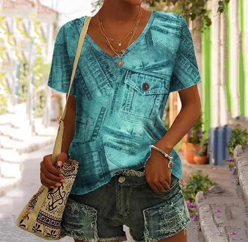 T-shirt con Volto Astratto Tasca Finta Stampa 3D T-shirt da Donna Scollo a V Manica Corta T-shirt Casual Y2K Top Harajuku Abbigliamento Femminile