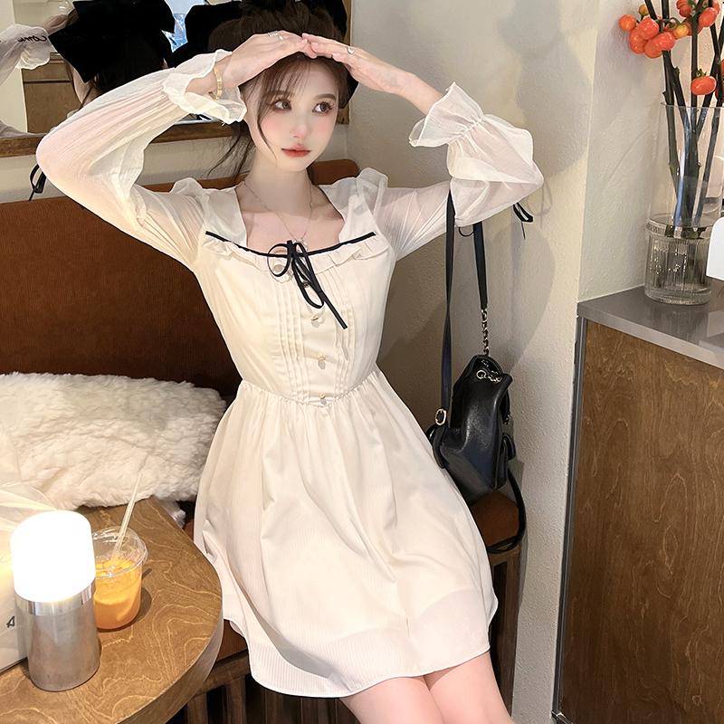 Rochie de primăvară dulce cu mânecă lungă femei stil coreean cu guler pătrat Rochii albe de petrecere de toamnă