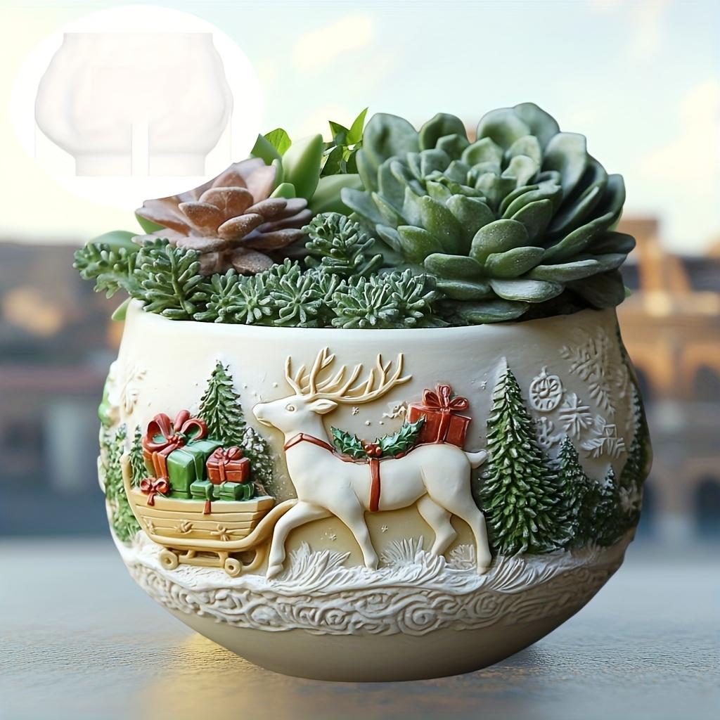 Christmas Elk Presents Succulent Plant FlowerPot Silicone Mold Deer Reindeer Sleighs Gift Relief Resin Plaster Flower Pot Molds