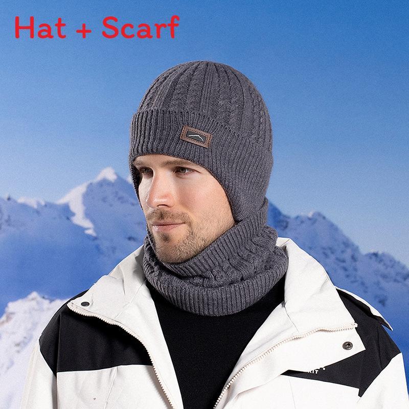

Autumn Knitted Hat And Neck Cover Set For Men With Features And Earmuff Design темно-сірий