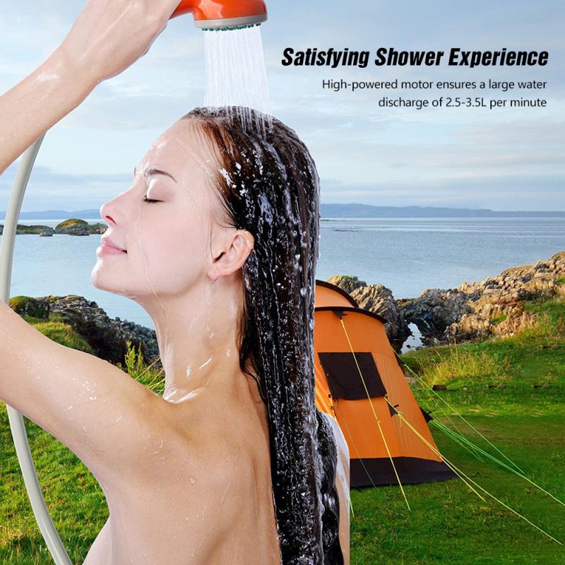 Kit de douche portable d'extérieur pour camping avec débit d'eau de 2,5-3,5 L/min, tuyau de 2 m, chargement USB, autonomie de 30-60 minutes, douche de camping