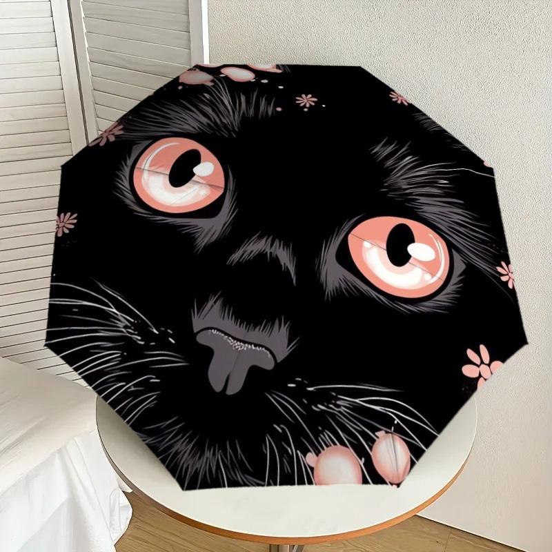 1pc Black Cat with Pink Flowers Umbrella with Plastic Handle,Suitable for All Seasons Home Travel Outdoor UmbrellaDD114
