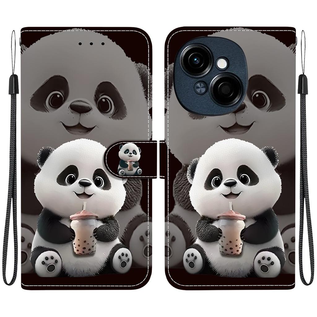 Handmade PU Leather Flip Case for Tecno Pop 9 Pro Anti-Slip Shockproof Cover with Wrist Strap & Heart/Rose Cat Designs
