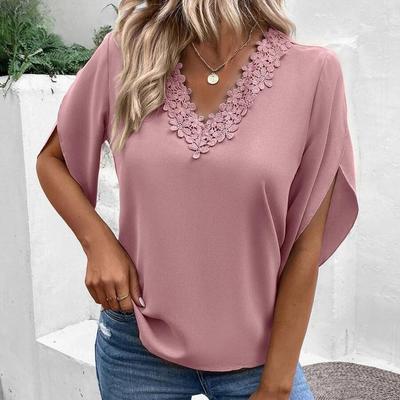Damenmode, lässig, Sommer, Frühling, einfarbig, 1/2-Ärmel, V-Ausschnitt, Blusen und Hemden