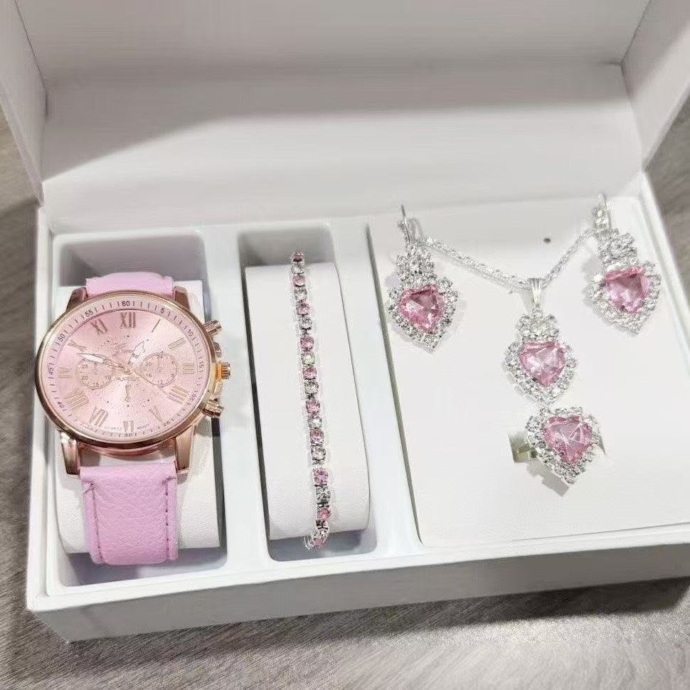 Hot Selling Shiny Rose Gold Women's Watch 6pcs Matching Set Heart Diamond Jewelry Combo Fashion Statement Accessaries