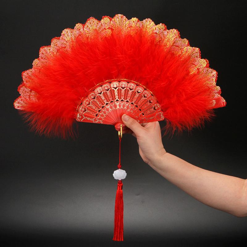 Lolita Feather Folding Fan Japanese Sweet Fairy Girl Dark Gothic Court Dance Hand Fan With Pendant Gift Wedding Party Decoration
