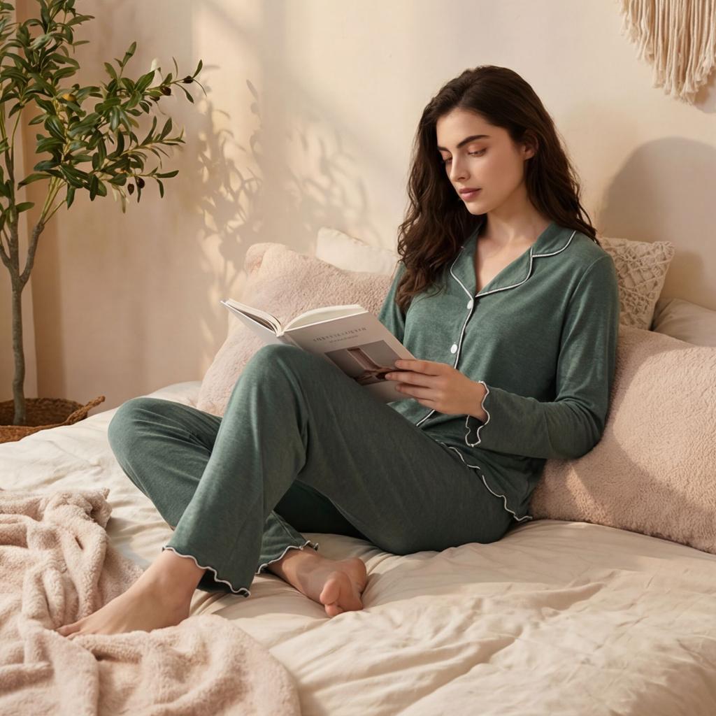 European and American long-sleeved pajamas set women's lapel button homewear knitted cardigan two-piece set wholesale