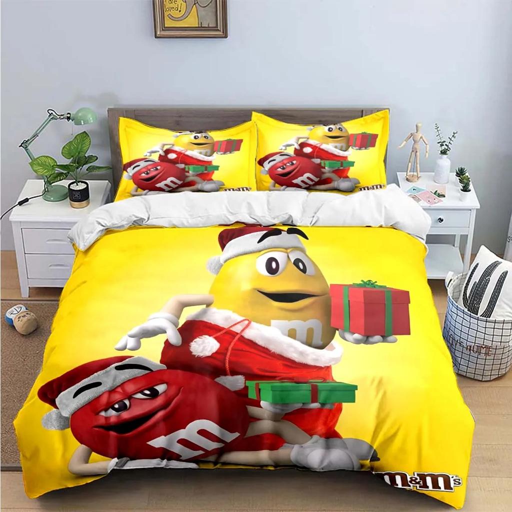 Cartoon M&M Bettbezug Kissenbezug Schokolade Bettwäsche Set Erwachsener Junge Mädchen Schlafzimmer Dekoration Kinder Einzel Doppel Große Größe
