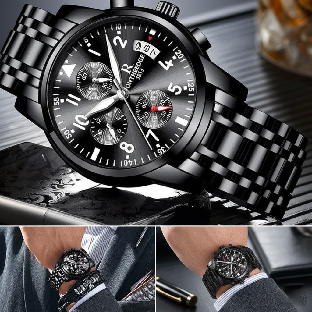 

Stainless Steel Analog Quartz Watch for Women Luminous Dial Water Resistant Classic Chronograph with Calendar чёрный