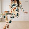 Women Plus Size Geometric Printed Half Zip Long Sleeve Top Fitted Long Pants Two Piece Set
