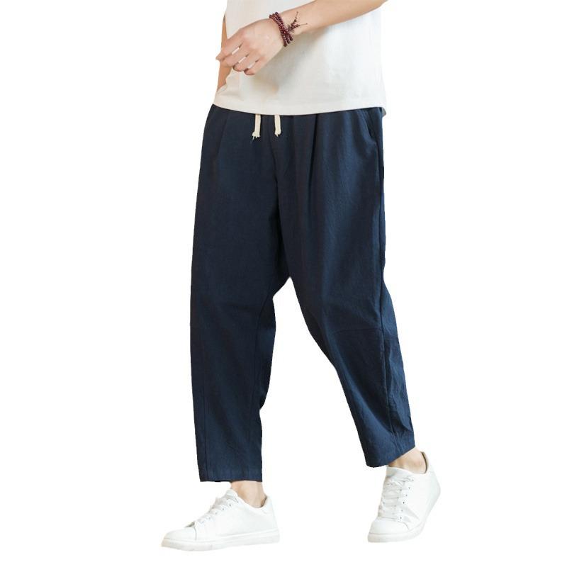 2024 Summer Men's Korean Style Casual Cotton Linen Pants: Loose, Straight-Leg, Chinese Style Cropped Trousers