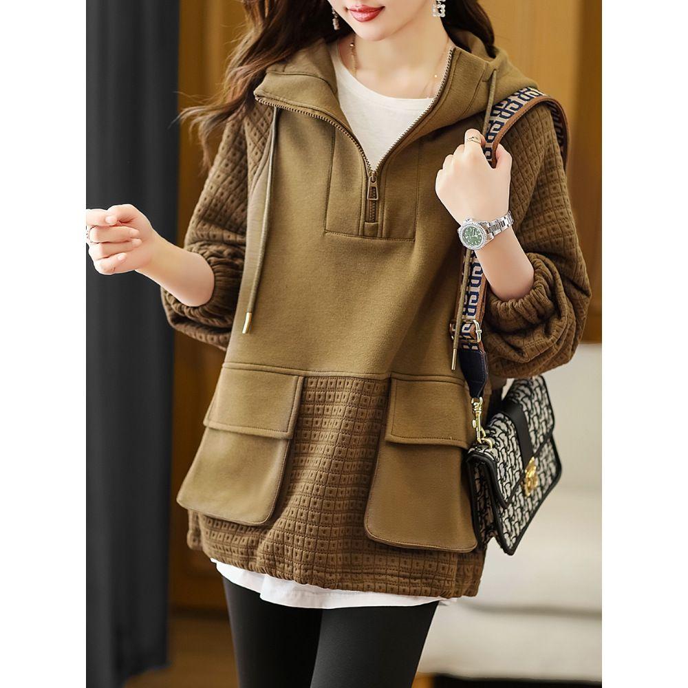 Damtröja Höst och vinter Nytt mode koreanskt temperament Färg Kollision Skarvning Huvtröja med dragkedja Kvinna