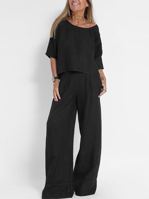 Women's Casual Cotton-Linen Two-Piece: Pocket Trousers & Short-Sleeve Pullover Top for Spring/Summer.