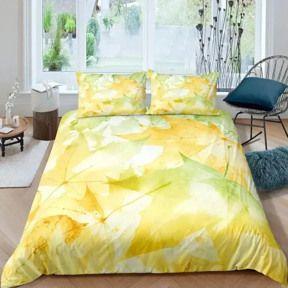 Maple Leaves Duvet Cover Set Colorful Autumn Season Maple Leaves In Unusual Designs Nature Print King Size 3D Bedding Set