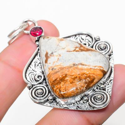 Natural Picture Jasper, Garnet Gemstone 925 Sterling Silver Pendant 2.40" G7v30