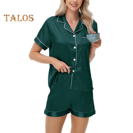 2-teiliges Pyjama-Set, Satin, einreihiges Cardigan-Hemd, V-Ausschnitt, Reverskragen, einfarbiges Hemd mit Brusttasche, lockere Shorts, Nachthemd, Nachtwäsche