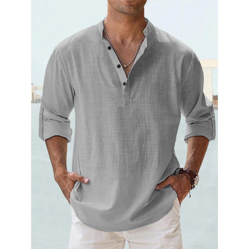 Men's Linen Stand Collar Long Sleeve T-shirt Loose Sweatshirt Solid Color Long Sleeve Cotton Linen Shirt Men