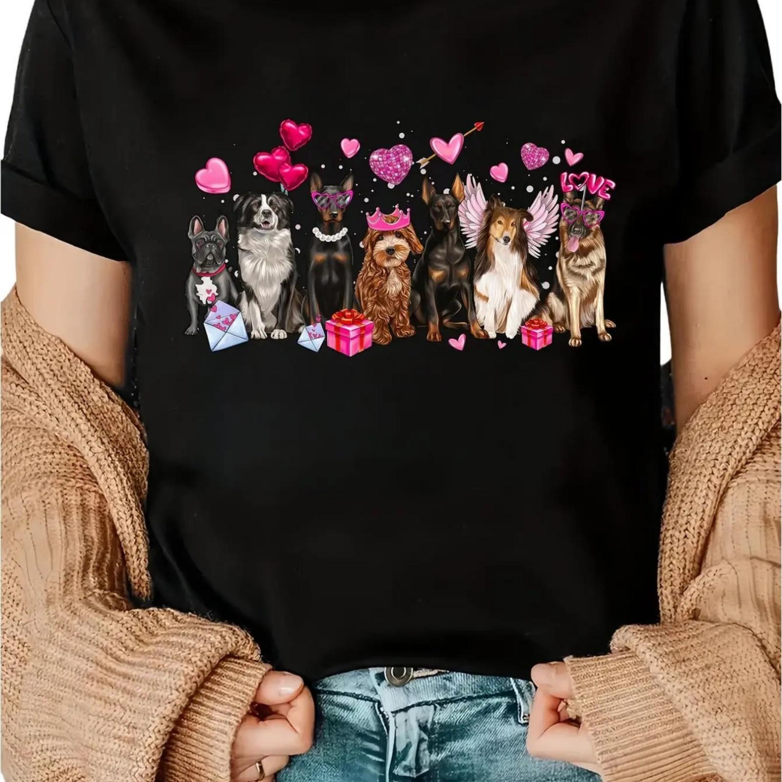 

A Women s Casual Round-Neck Valentine s Day T-Shirt Featuring a Design of Cute Little Dogs with Heart Wings, in a Regular Fit, M S