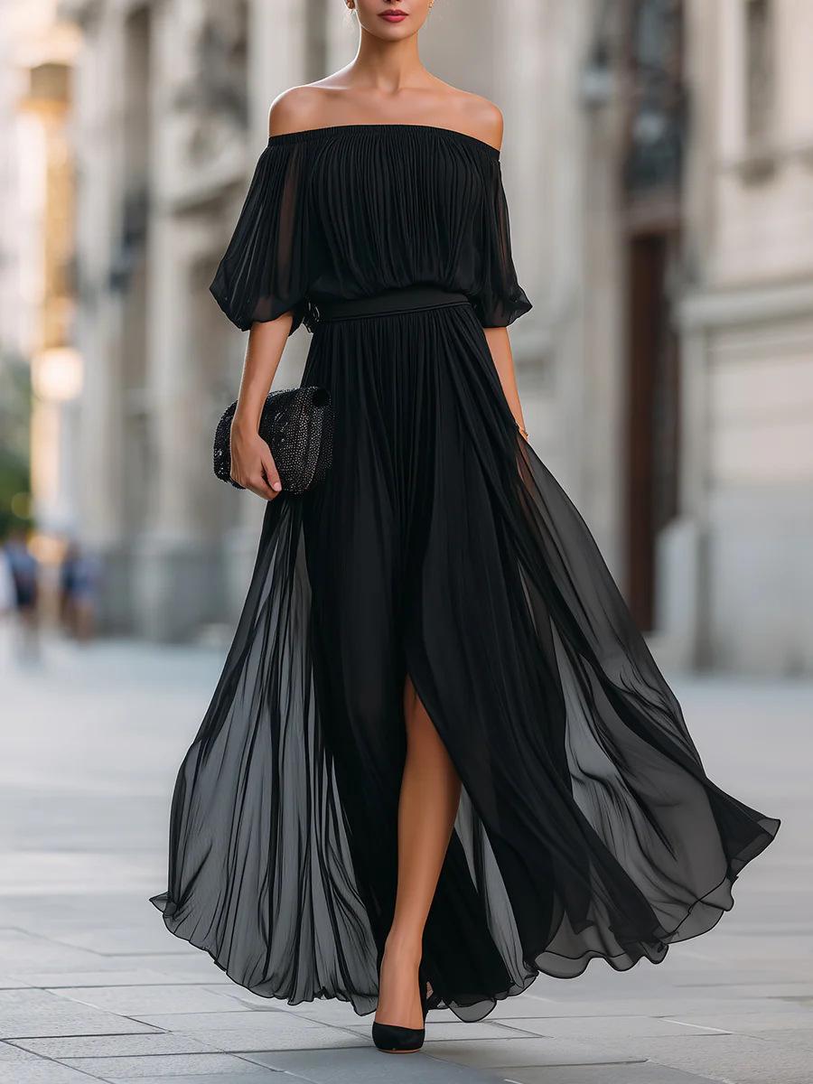 2026 Amazon Independent Station New Summer Sexy Women s Off-Shoulder Folded Chiffon Dress S