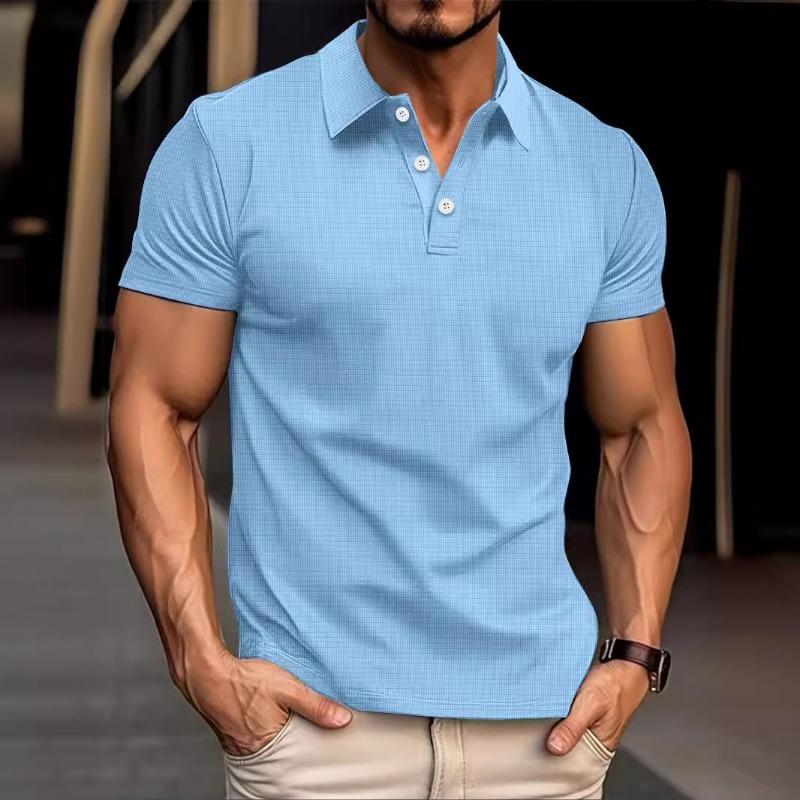 Men's Summer Waffle Striped Lapel Solid Color Button-up Short-sleeved Polo Shirt