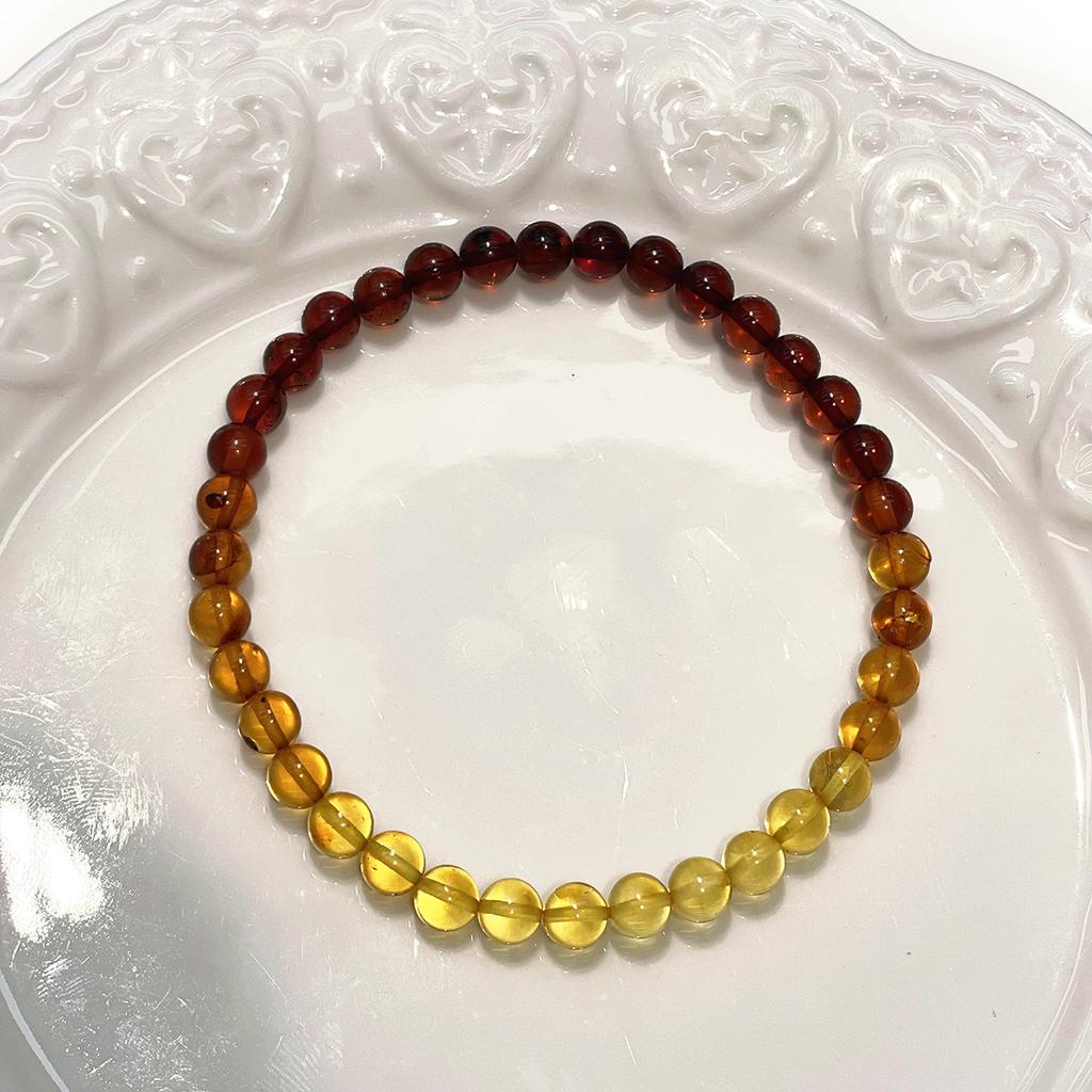 Natural Gradient Amber Round Bead Bracelet 5.3×5.3mm 18cm, Mixed Blood Amber & Golden Amber Elastic Stack Bracelet