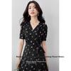 Shangdu Bila V-Ausschnitt Kurzarm Bedrucktes Kleid Damen Sommer Taillenbetonend Teepause Floral Elegant Pendler Mittellanges Kleid