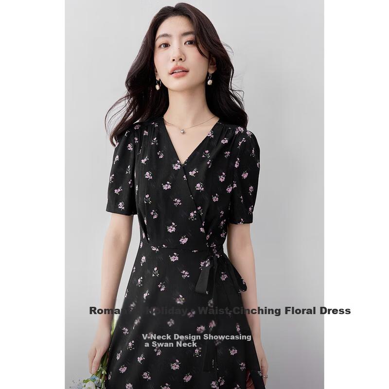 Shangdu Bila V-Ausschnitt Kurzarm Bedrucktes Kleid Damen Sommer Taillenbetonend Teepause Floral Elegant Pendler Mittellanges Kleid